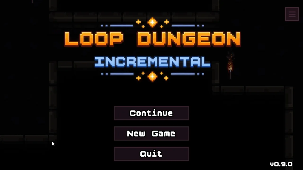 Loop Dungeon Incremental Steam demo main menu showing Continue New Game Quit buttons and version v0.9.0 in the bottom-right corner