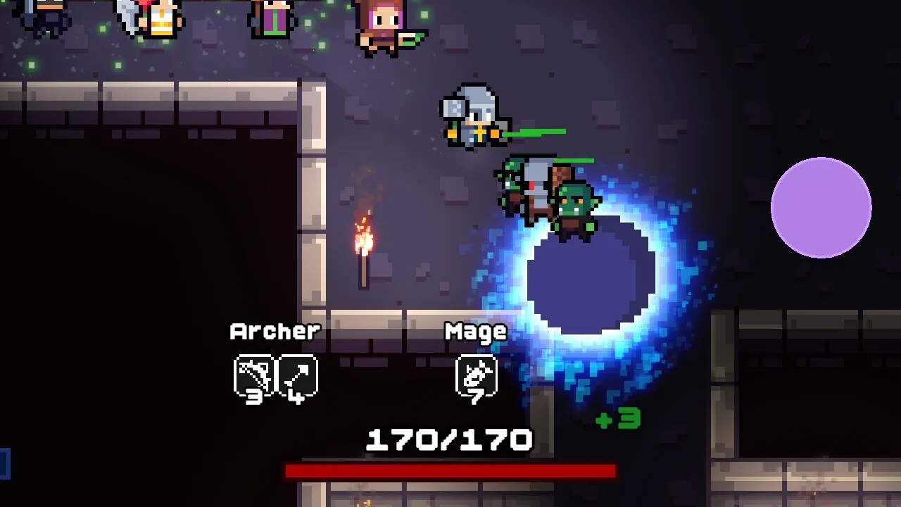 Combat HUD showing Archer skill slots with corner badges 3 and 4 and Mage slot with badge 7