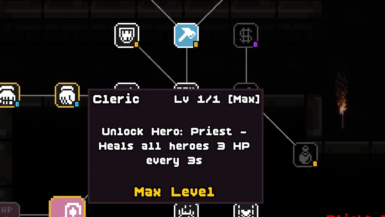 Cleric skill-tree node tooltip showing Unlock Hero Priest and heal text at max level